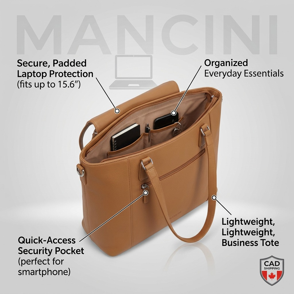 Mancini camel leather shoulder bag features a 15.6 inch laptop sleeve and organized interior pockets.