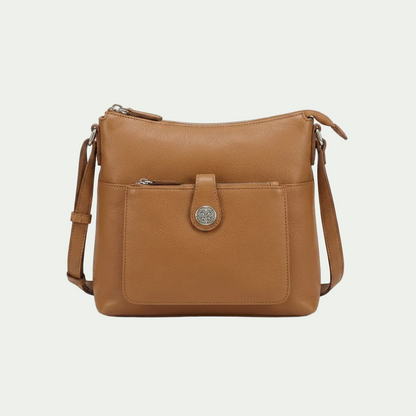 Mancini camel pebbled leather crossbody bag with RFID protection, front zip pocket, and logo emblem.