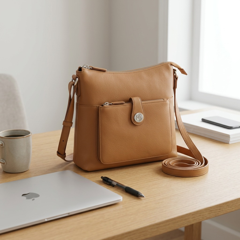 Mancini camel pebbled leather crossbody handbag on a desk next to a laptop and mug for scale.