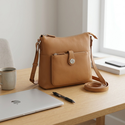 Mancini camel pebbled leather crossbody handbag on a desk next to a laptop and mug for scale.
