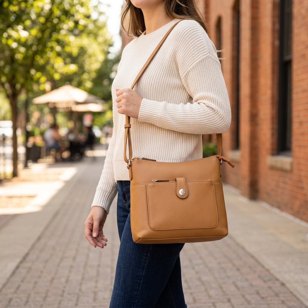 A camel-colored Mancini pebbled leather crossbody handbag worn by a person on a city sidewalk.