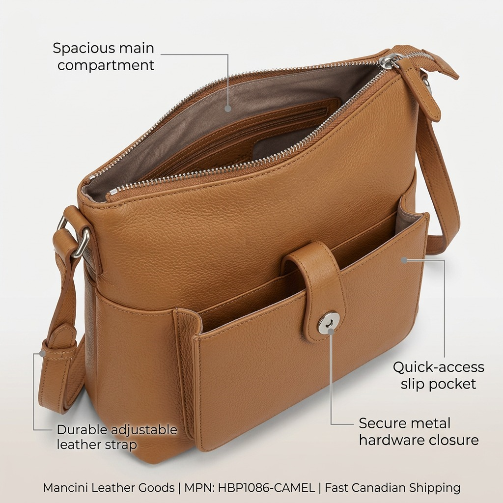 Mancini camel leather crossbody bag with callouts for the main compartment, strap, and pockets.
