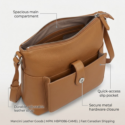 Mancini camel leather crossbody bag with callouts for the main compartment, strap, and pockets.