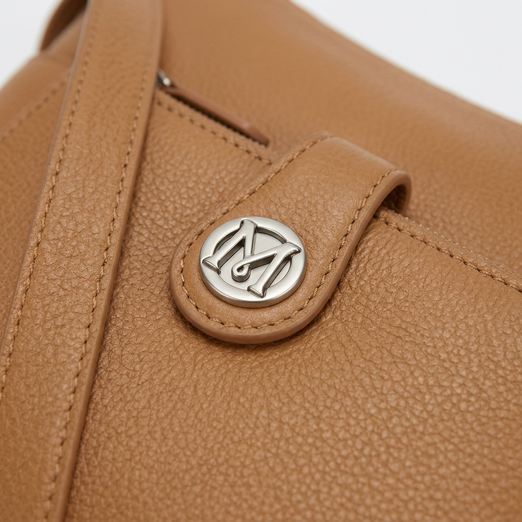 Macro detail of camel pebbled leather on a Mancini crossbody bag featuring a silver 'M' logo stud.