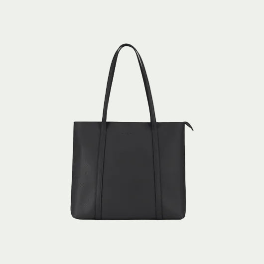 A black leather tote bag with double shoulder straps and a subtle debossed brand name on the front, shown against a plain white background.