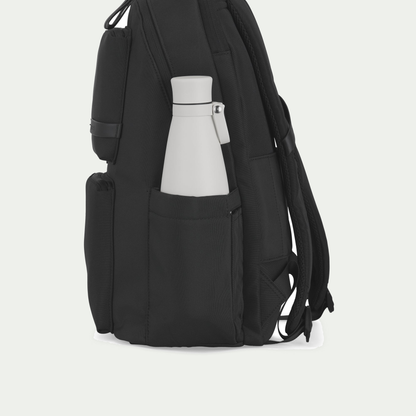 Bugatti Madison backpack in black, side pocket holding a bottle