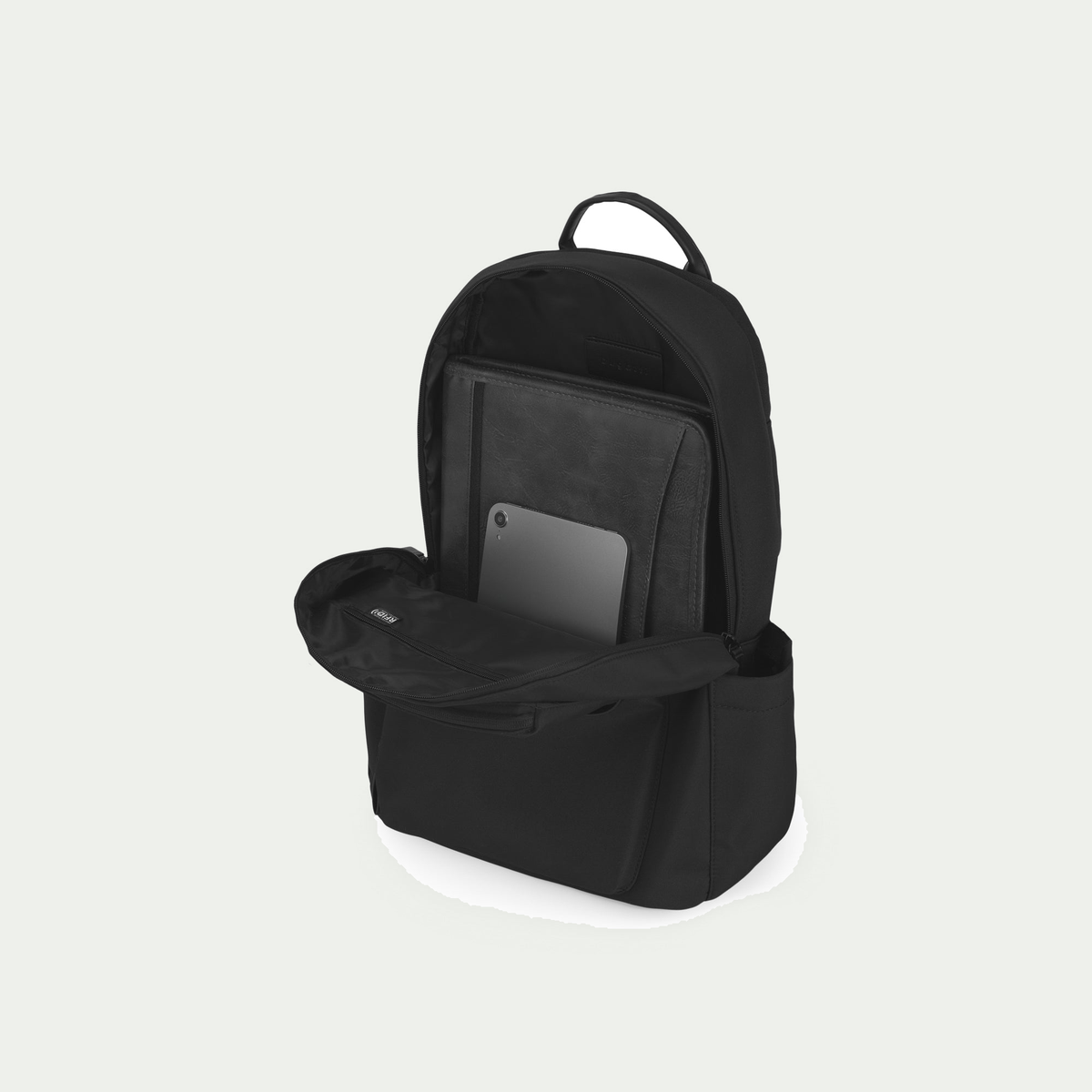 Bugatti Madison backpack in black, open interior and compartments