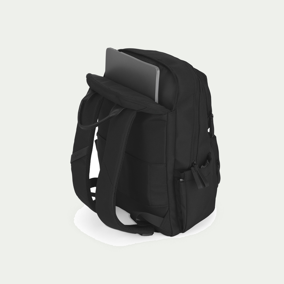 Bugatti Madison backpack in black, open padded laptop compartment