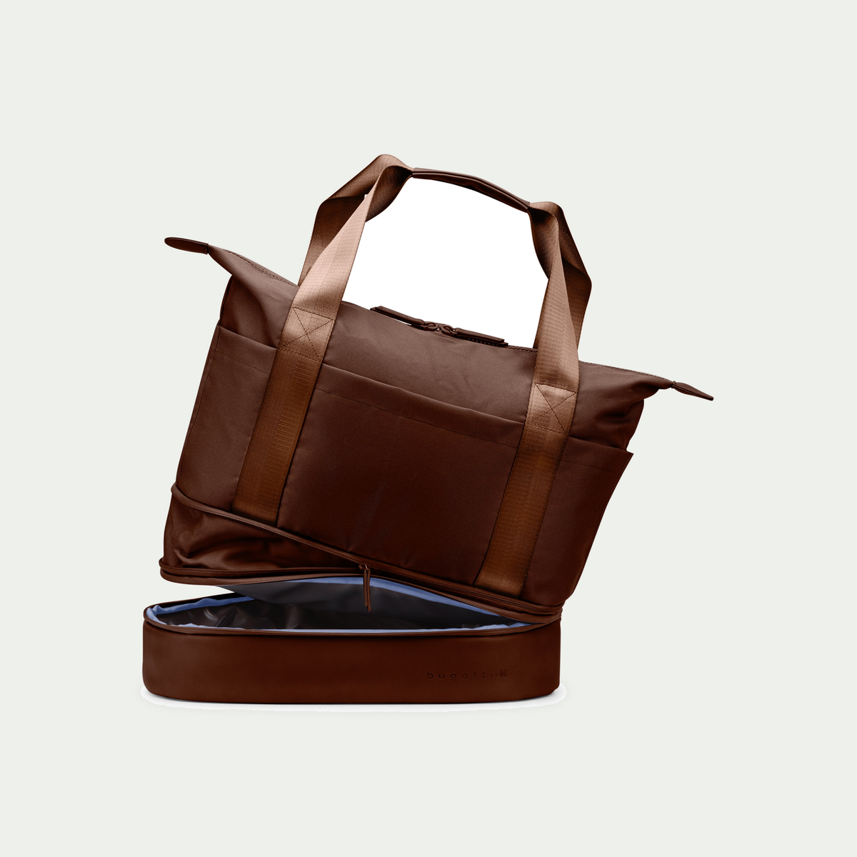 Bugatti Raphael convertible tote in brown, open lower compartment