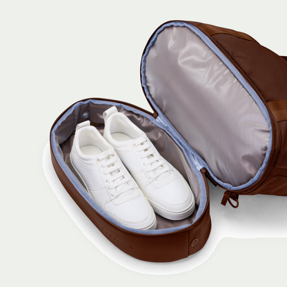 Bugatti Raphael convertible tote in brown, lower compartment holding shoes