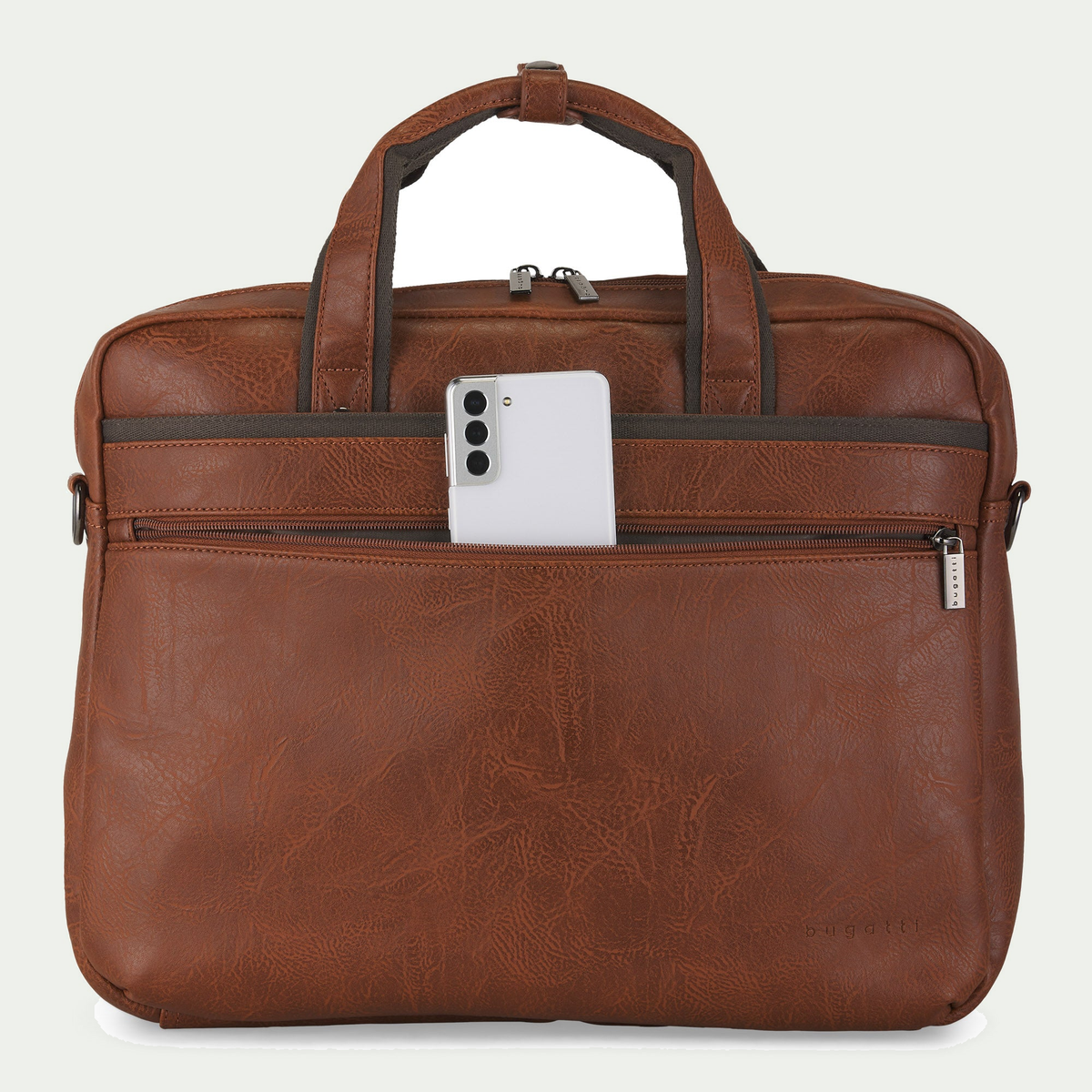 Bugatti Valentino briefcase in cognac, front pocket holding a phone