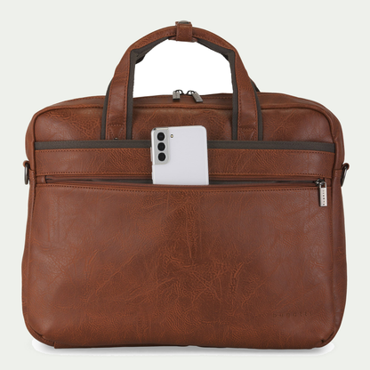 Bugatti Valentino briefcase in cognac, front pocket holding a phone