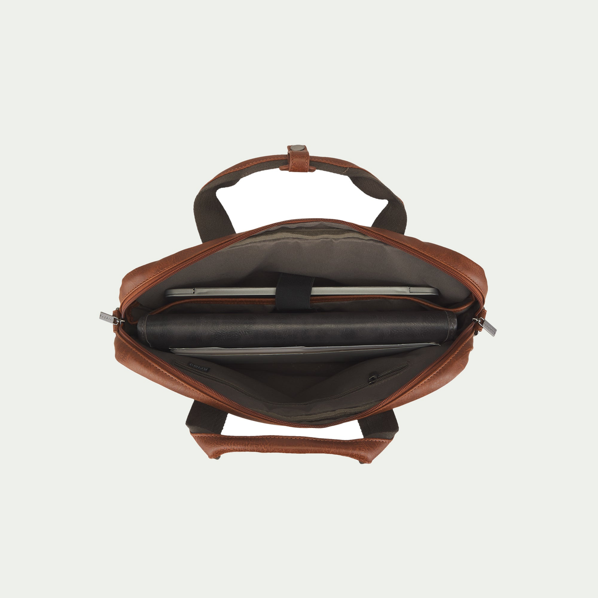 Bugatti Valentino briefcase in cognac, open interior and compartments