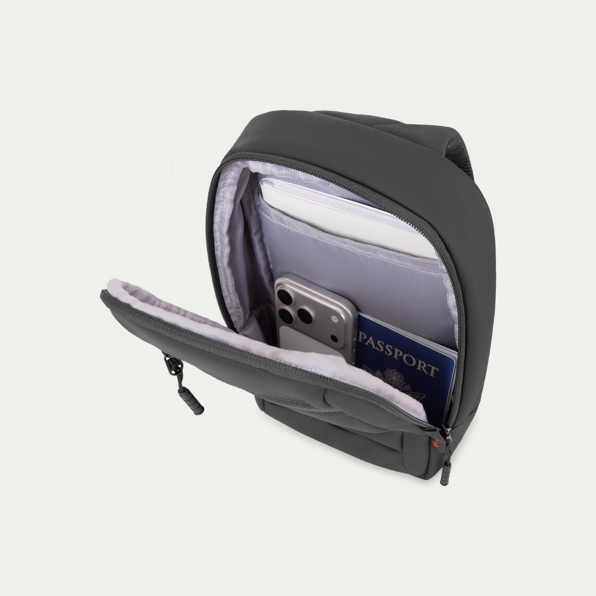 Swiss Mobility Active City Sling Bag Grey, open organizer compartment with phone
