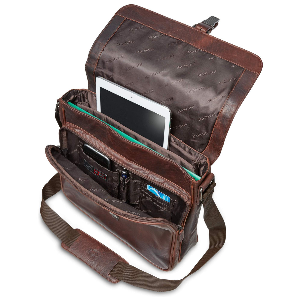 Mancini Buffalo 99-5463, coloris brun, sac pour tablette, intérieur ouvert avec compartiments