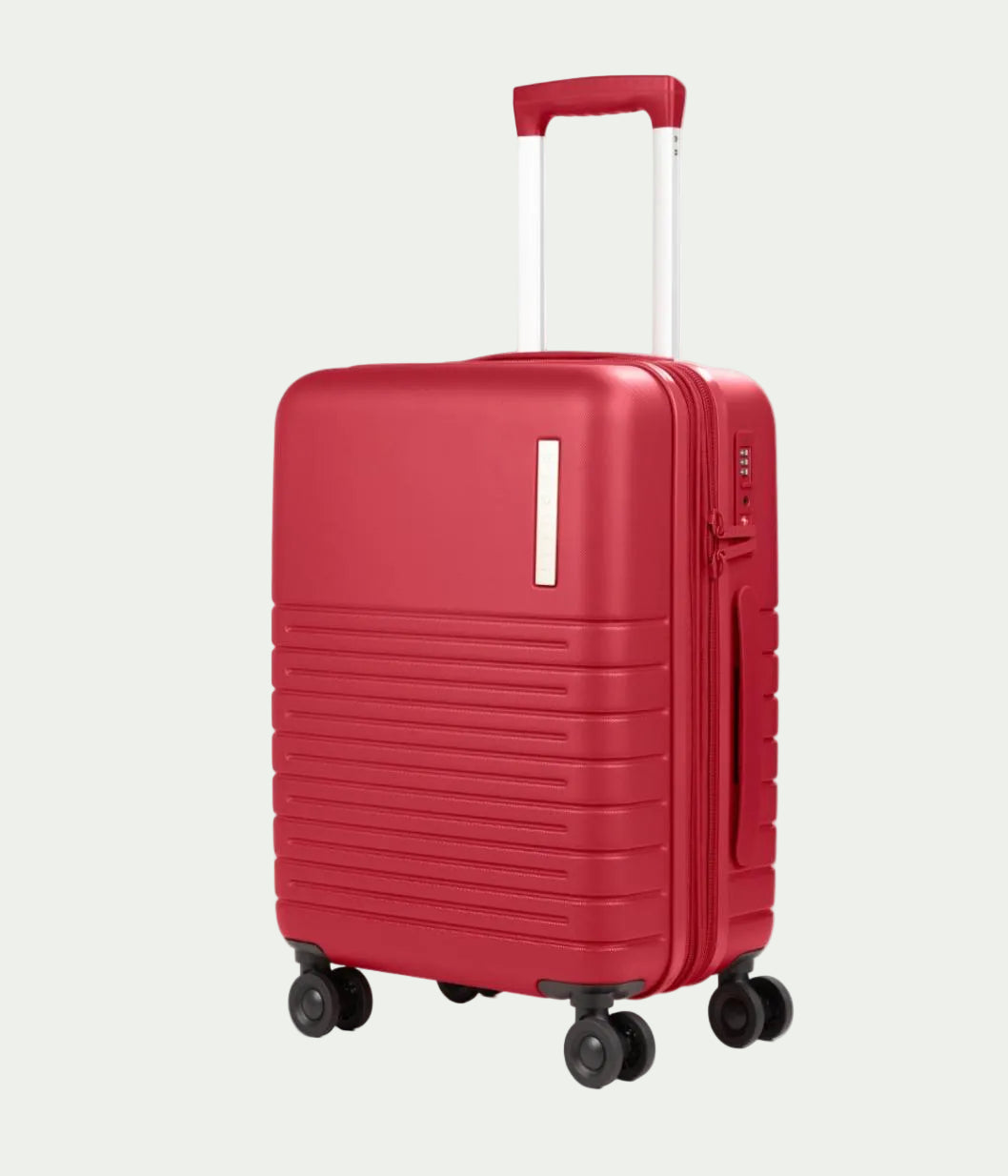 A red hard-shell spinner suitcase with an extended telescopic handle, shown on a clean white background.