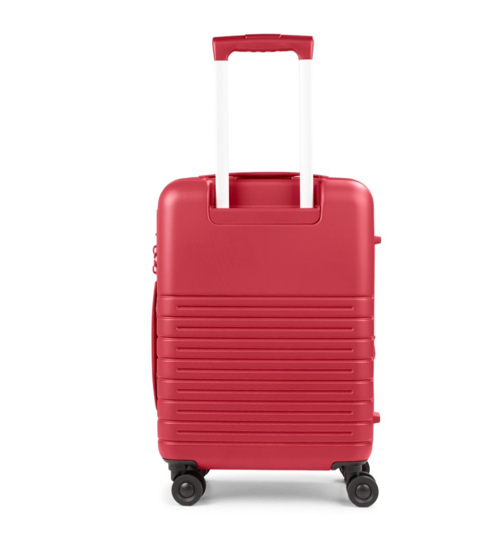 A red hard-shell spinner suitcase with a telescopic handle extended, shown from the front on a plain white background.