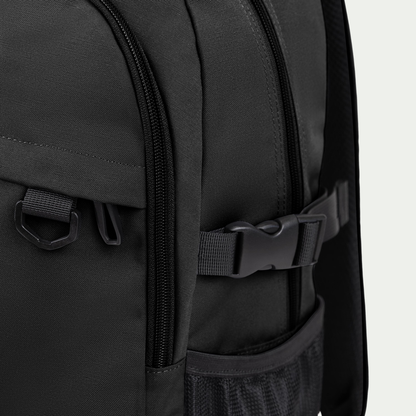 Swiss Mobility Urban Pro Backpack Black, side buckle and zipper detail