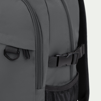 Swiss Mobility Urban Pro Backpack Grey, side buckle and zipper detail