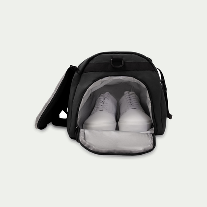 Swiss Mobility Urban Pro Duffle Bag Black, open shoe compartment with shoes