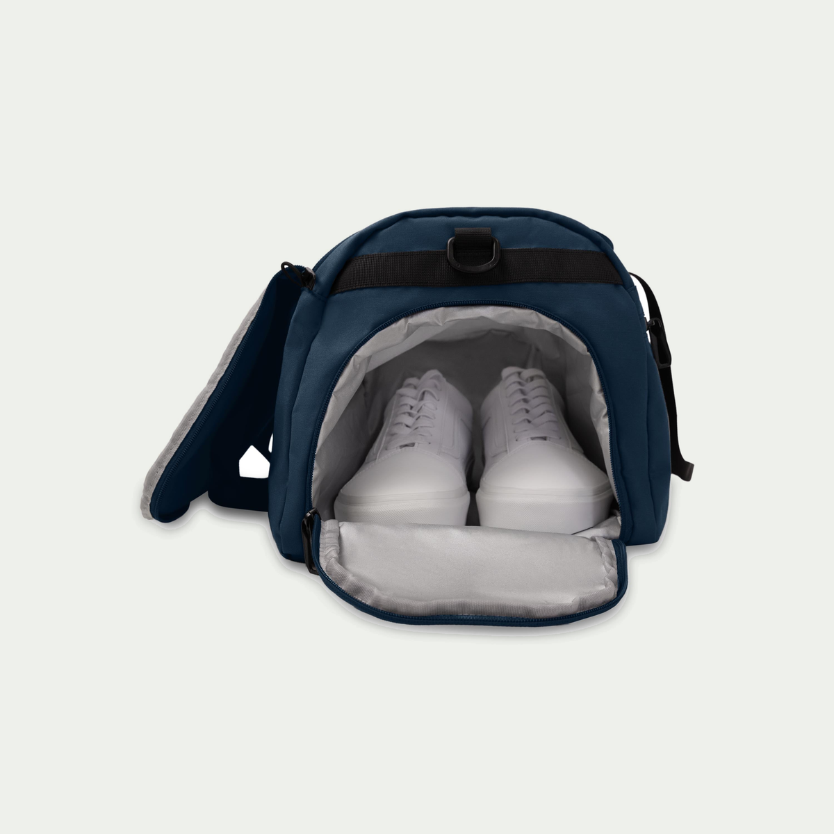 Swiss Mobility Urban Pro Duffle Bag Navy, open shoe compartment with shoes