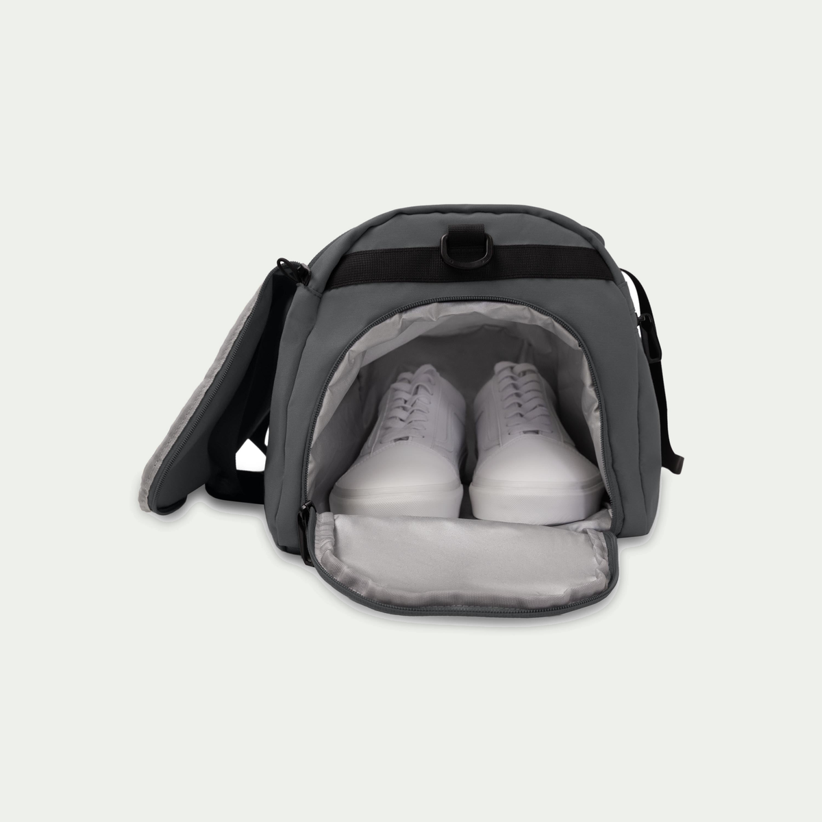 Swiss Mobility Urban Pro Duffle Bag Grey, open shoe compartment with shoes
