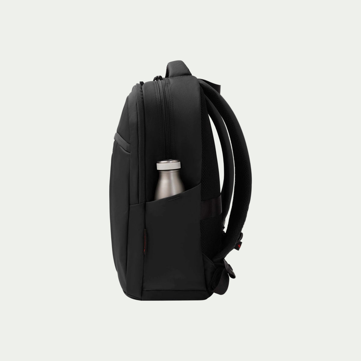 Swiss Mobility Active City Backpack Black, side view with bottle in pocket