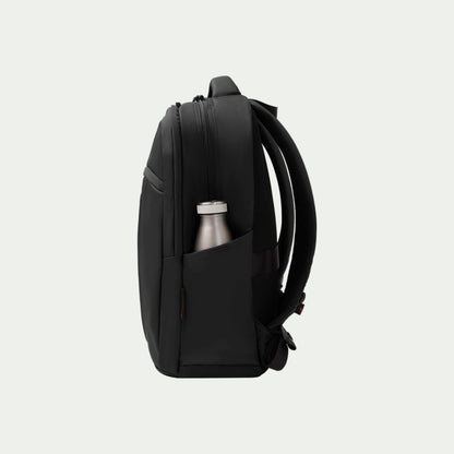Swiss Mobility Active City Backpack Black, side view with bottle in pocket