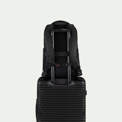 Swiss Mobility Active City Backpack Black, rear trolley sleeve shown over a suitcase handle