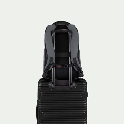Swiss Mobility Active City Backpack Grey, rear trolley sleeve shown over a suitcase handle
