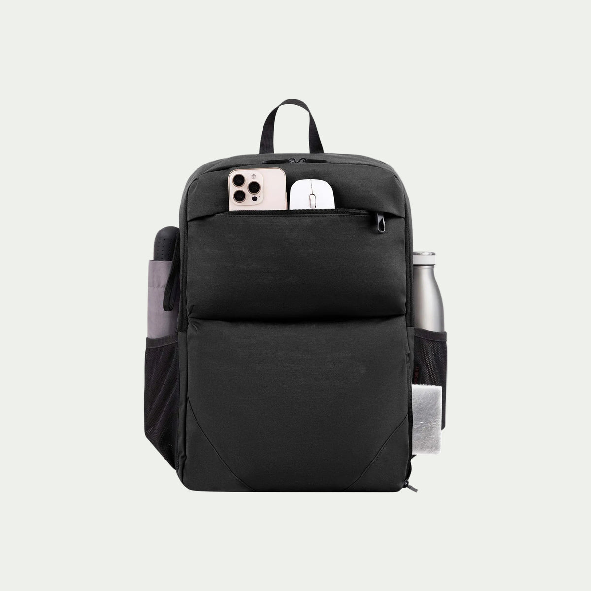 Swiss Mobility Urban Pro Backpack Black, front pocket with phone and accessories