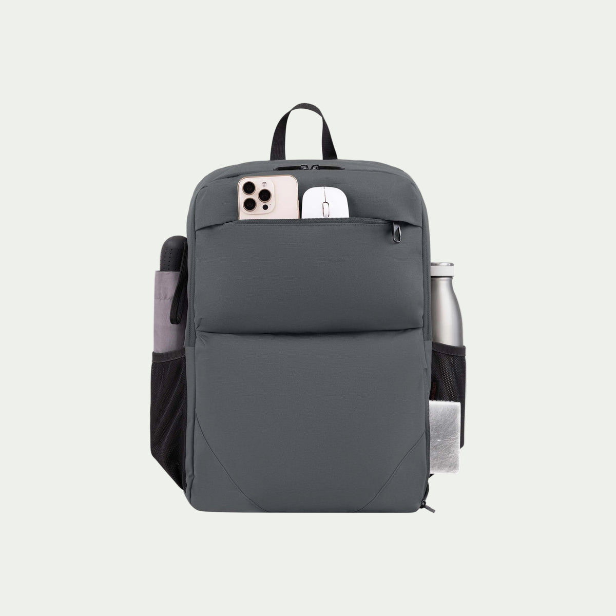 Swiss Mobility Urban Pro Backpack Grey, front pocket with phone and accessories