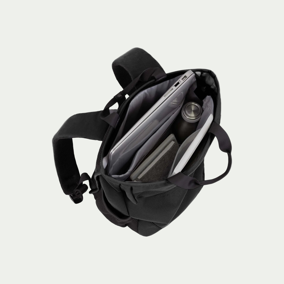 Swiss Mobility Urban Pro Backpack Black, open main compartment with laptop and bottle