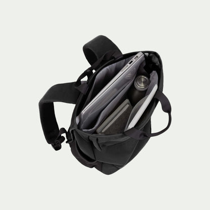 Swiss Mobility Urban Pro Backpack Black, open main compartment with laptop and bottle
