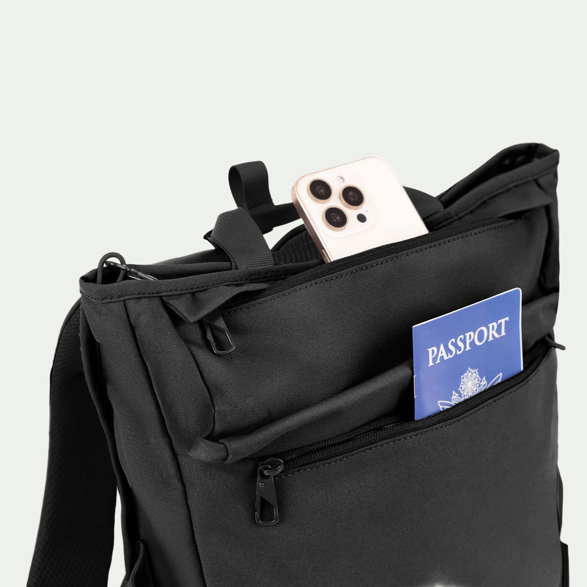 Swiss Mobility Urban Pro Backpack Black, front pocket with phone and passport