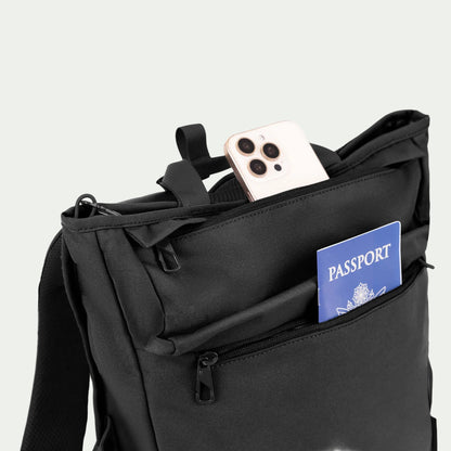 Swiss Mobility Urban Pro Backpack Black, front pocket with phone and passport