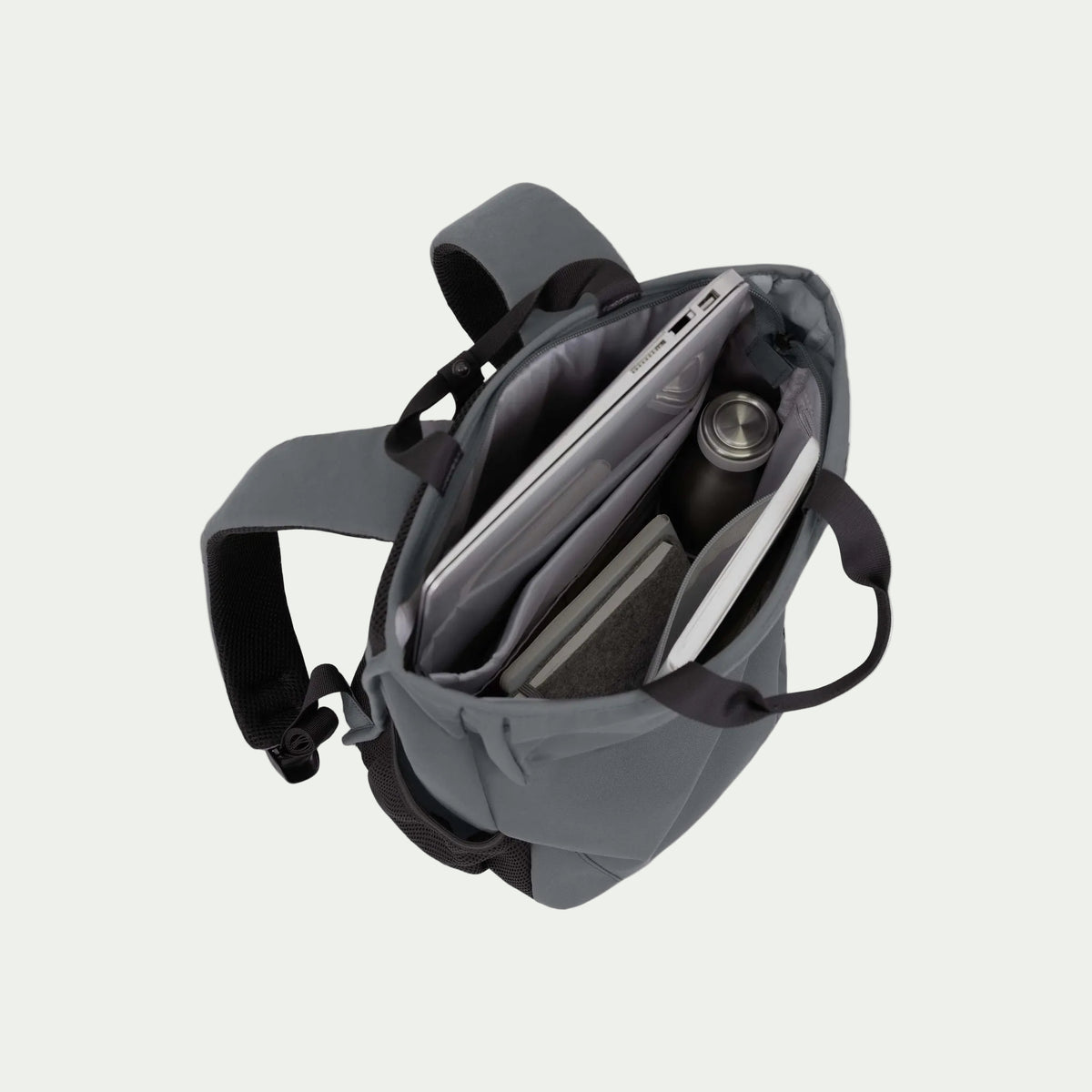 Swiss Mobility Urban Pro Backpack Grey, open main compartment with laptop and bottle