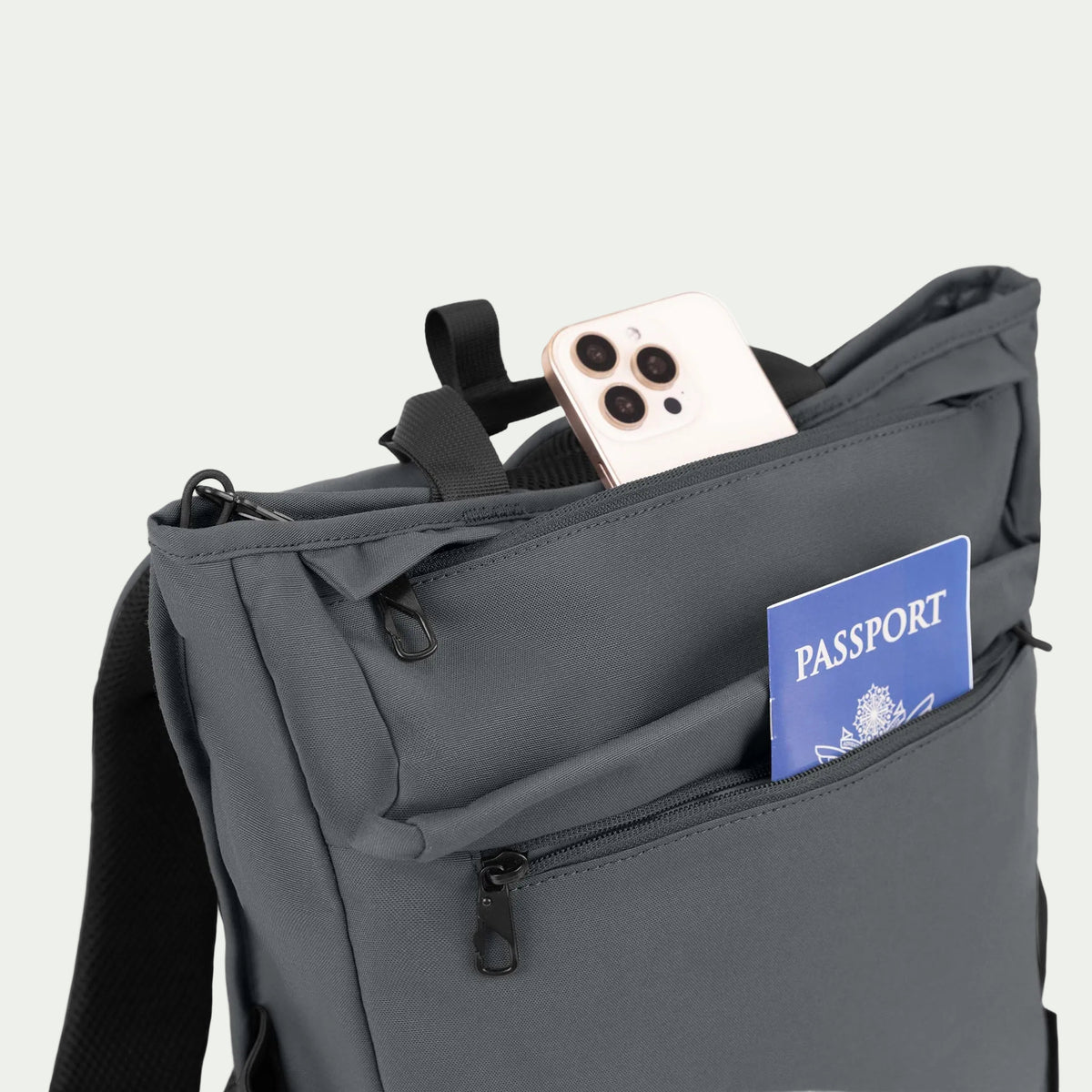 Swiss Mobility Urban Pro Backpack Grey, front pocket with phone and passport