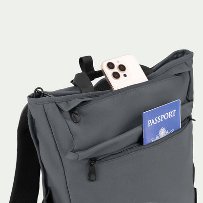 Swiss Mobility Urban Pro Backpack Grey, front pocket with phone and passport