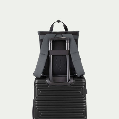 Swiss Mobility Urban Pro Backpack Grey, rear trolley sleeve shown over a suitcase handle
