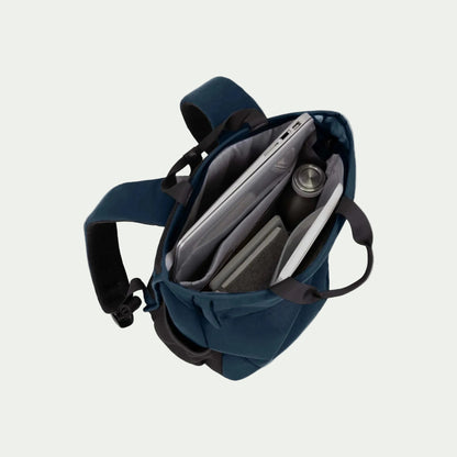 Swiss Mobility Urban Pro Backpack Navy, open main compartment with laptop and bottle
