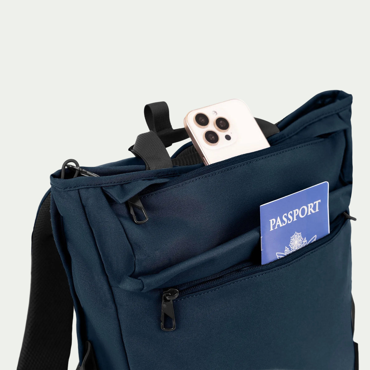 Swiss Mobility Urban Pro Backpack Navy, front pocket with phone and passport