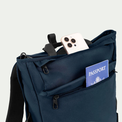 Swiss Mobility Urban Pro Backpack Navy, front pocket with phone and passport
