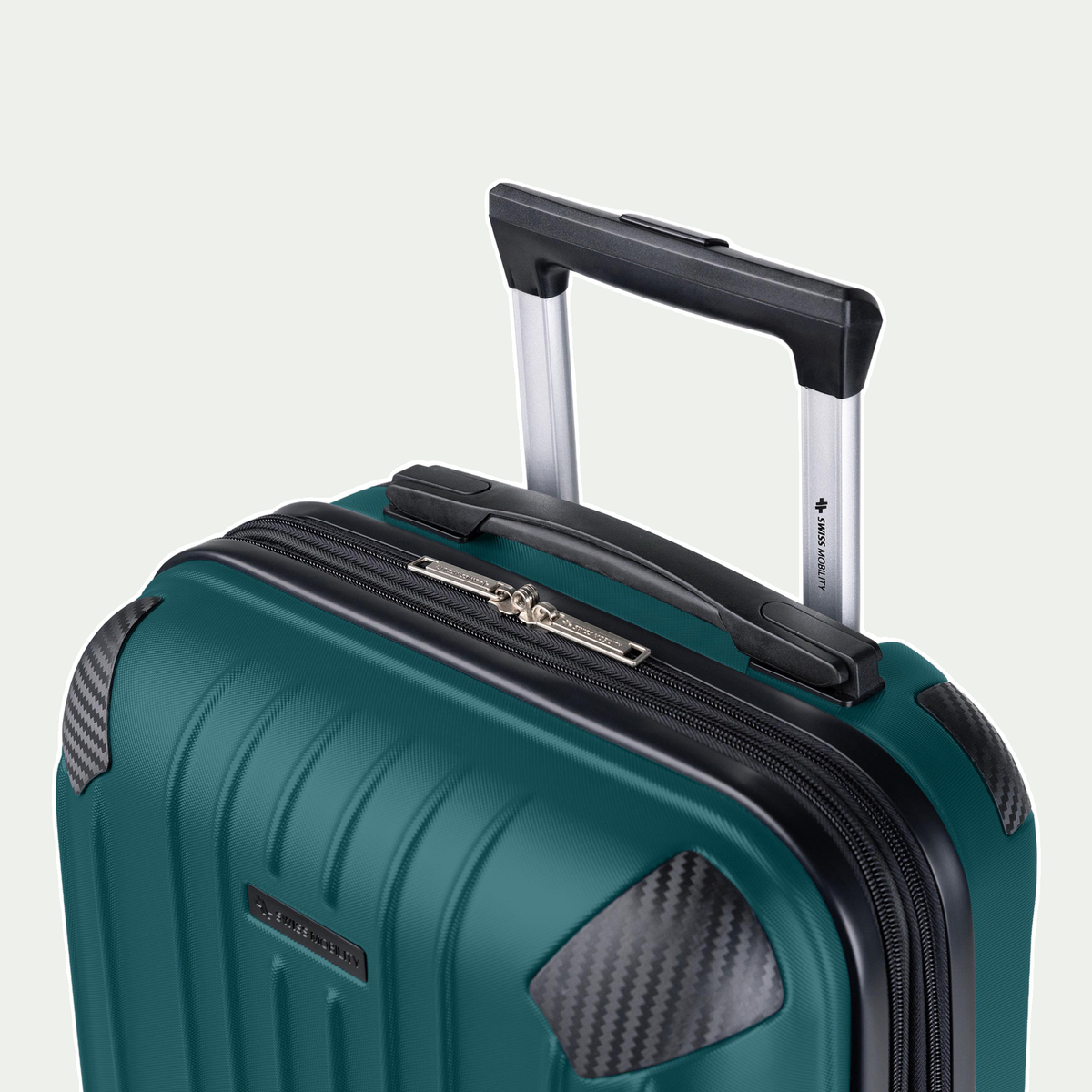 Swiss Mobility PVG three-piece luggage set in dark teal, handle detail on one set component