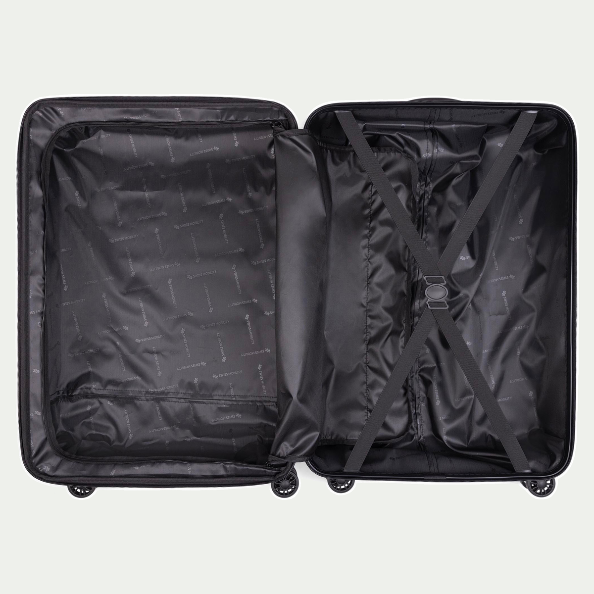 Valise Swiss Mobility LAX de 28 po, couleur bleu clair, intérieur ouvert avec panneau de séparation